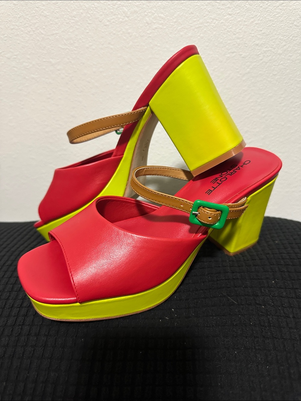 Charlotte Stone Red Open-Toe Slide Sandals with Tan Strap and Green Buckle - Picture 3 of 7
